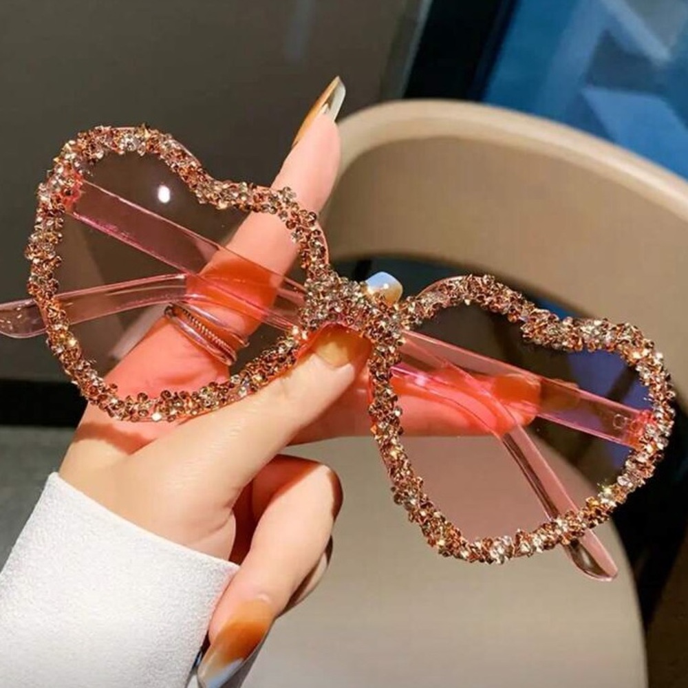 Heart-Shaped Crystal Sunglasses - Pink and Gold